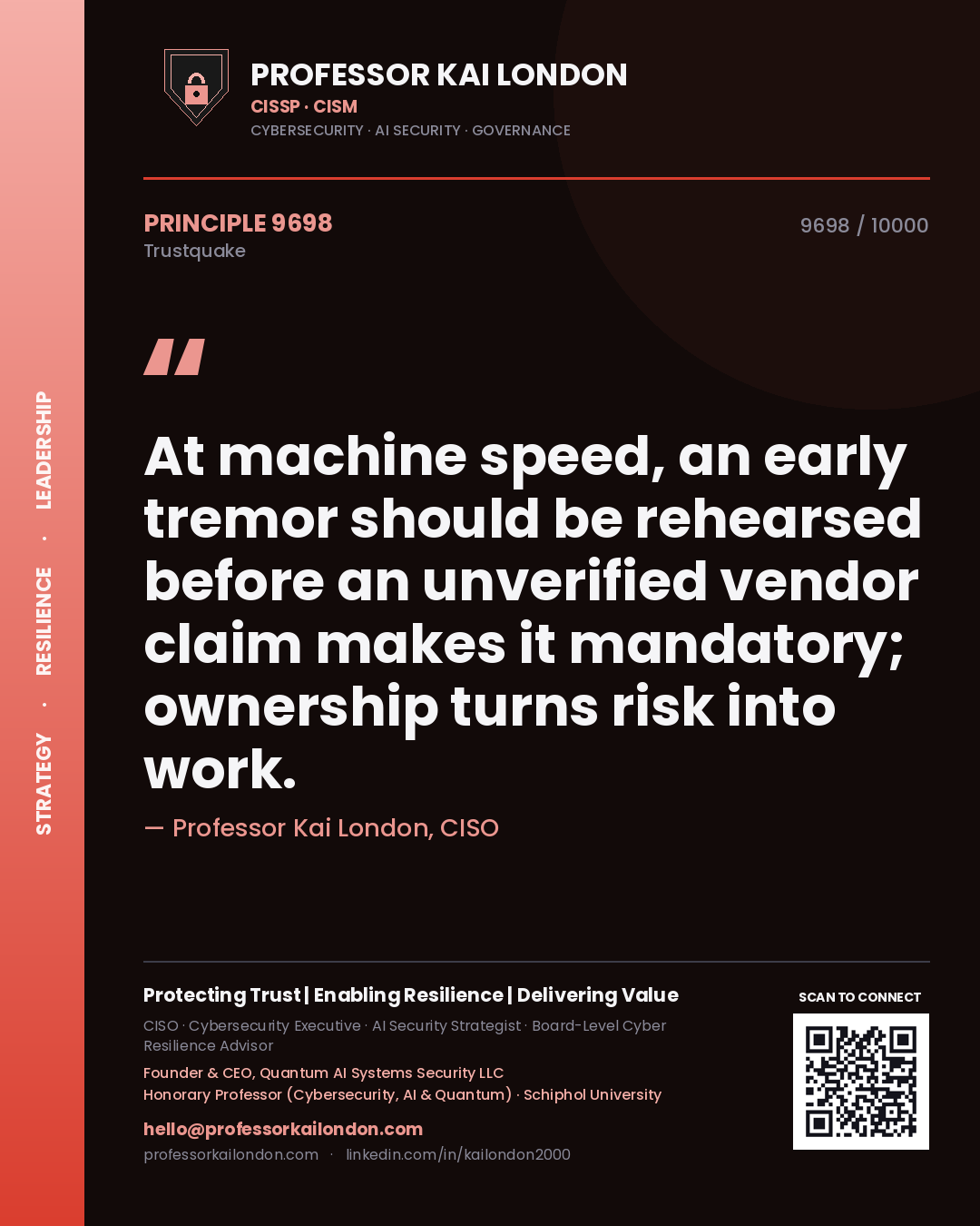 Quote card by Professor Kai London reading 'At machine speed, an early tremor should be rehearsed before an unverified vendor claim makes it mandatory; ownership turns risk into work.'. From the book Trustquake.