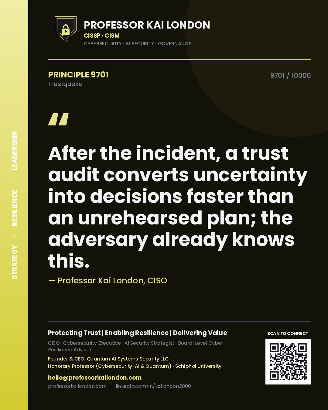 Quote card by Professor Kai London reading 'After the incident, a trust audit converts uncertainty into decisions faster than an unrehearsed plan; the adversary already knows this.'. From the book Trustquake.
