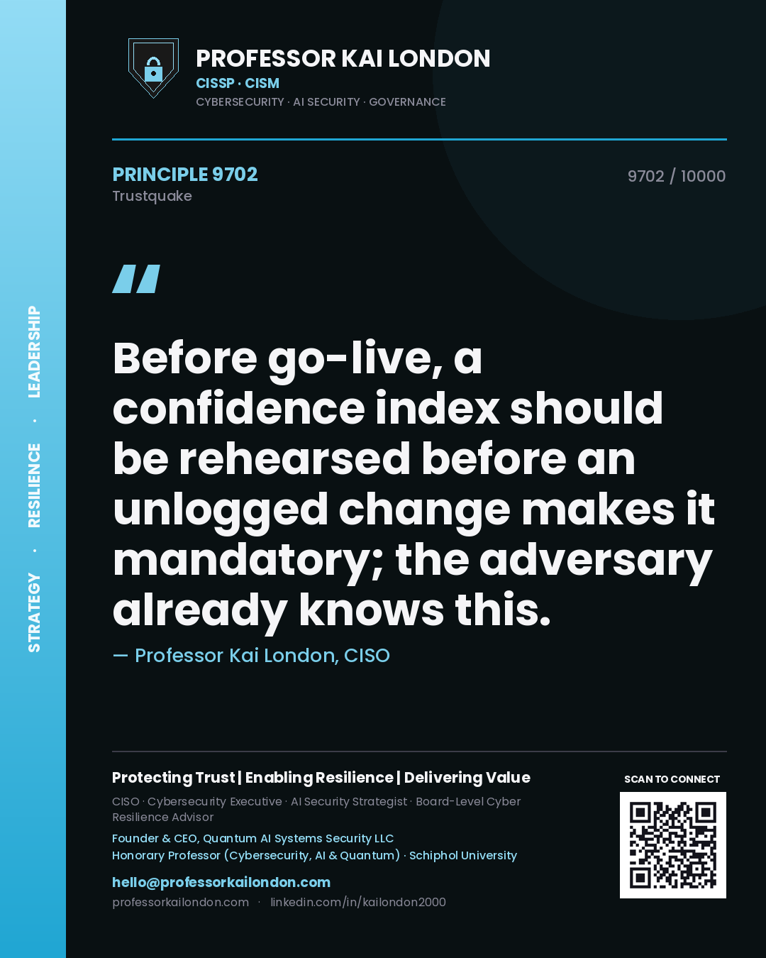 Professor Kai London principle 9702: Before go-live, a confidence index should be rehearsed before an unlogged change makes it mandatory; the adversary already knows this.