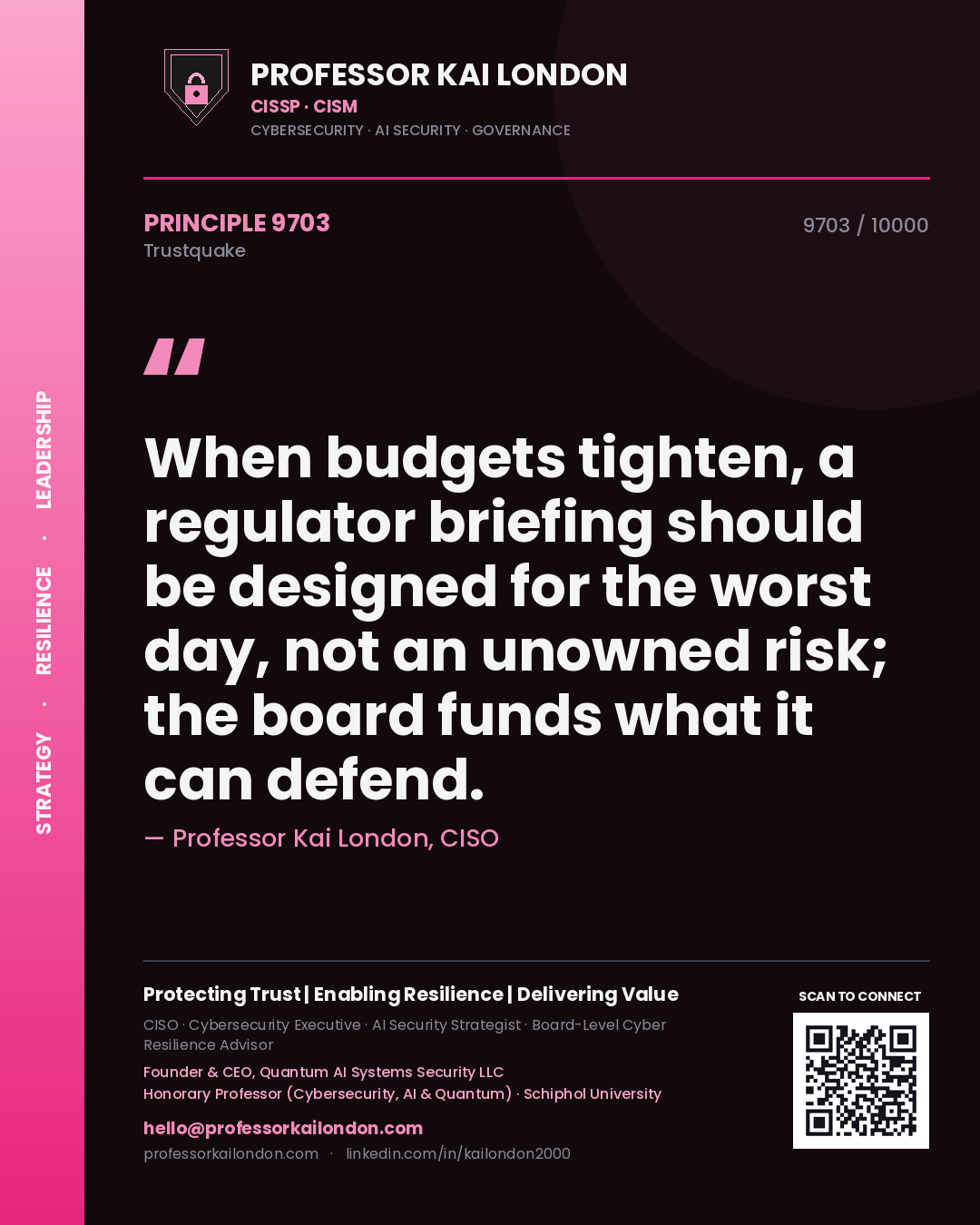 Professor Kai London principle 9703: When budgets tighten, a regulator briefing should be designed for the worst day, not an unowned risk; the board funds what it can defend.