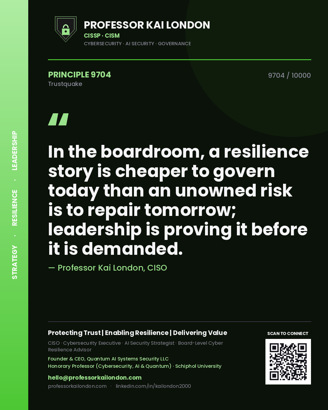 Quote card by Professor Kai London reading 'In the boardroom, a resilience story is cheaper to govern today than an unowned risk is to repair tomorrow; leadership is proving it before it is demanded.'. From the book Trustquake.