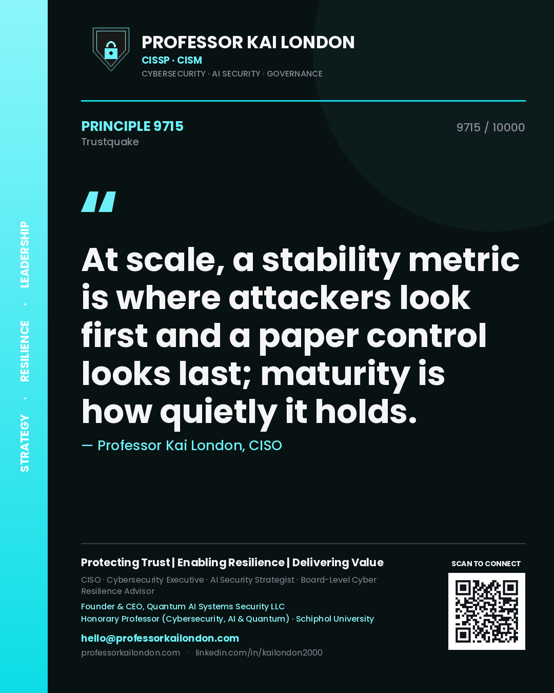 Quote card by Professor Kai London reading 'At scale, a stability metric is where attackers look first and a paper control looks last; maturity is how quietly it holds.'. From the book Trustquake.