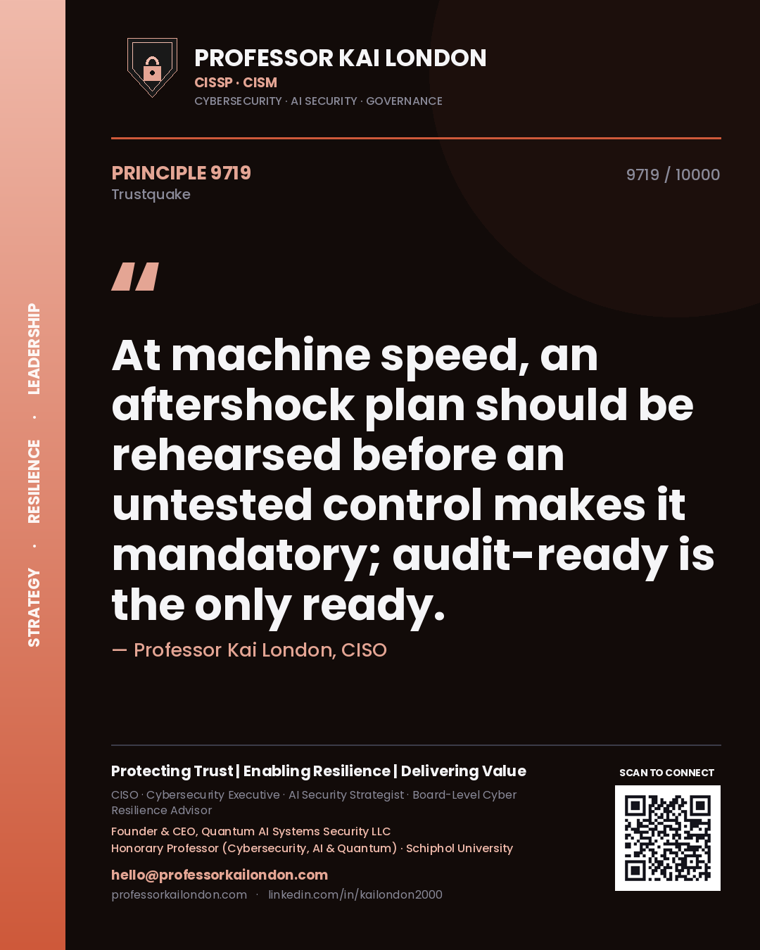 Professor Kai London principle 9719: At machine speed, an aftershock plan should be rehearsed before an untested control makes it mandatory; audit-ready is the only ready.