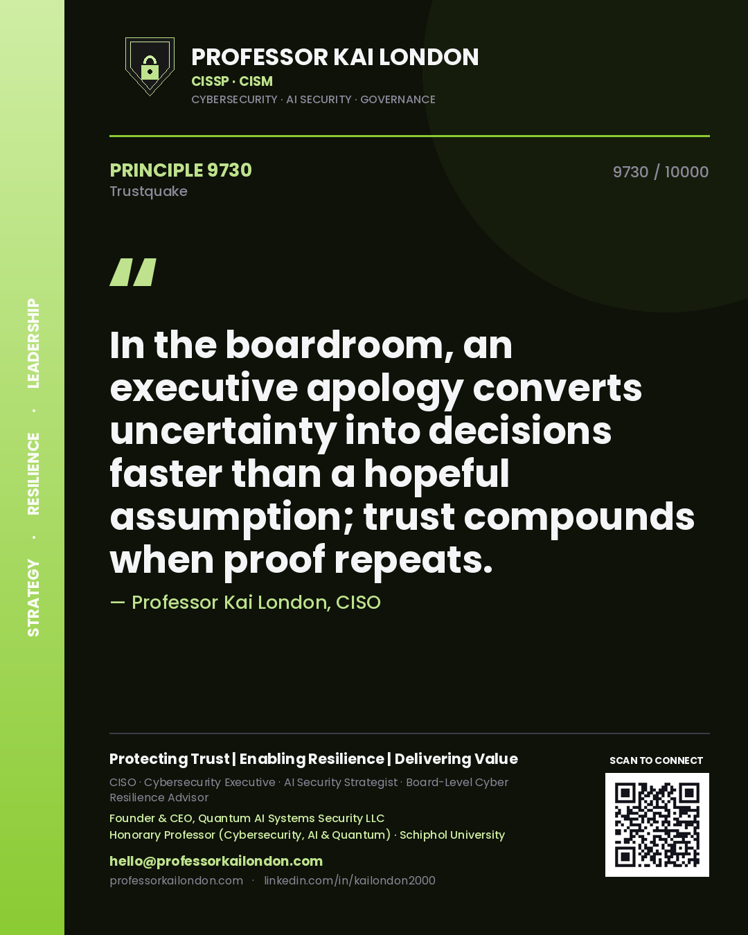 Professor Kai London principle 9730: In the boardroom, an executive apology converts uncertainty into decisions faster than a hopeful assumption; trust compounds when proof repeats.