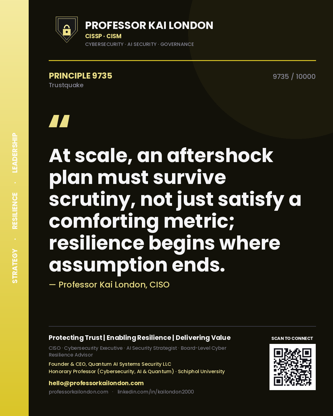 Quote card by Professor Kai London reading 'At scale, an aftershock plan must survive scrutiny, not just satisfy a comforting metric; resilience begins where assumption ends.'. From the book Trustquake.