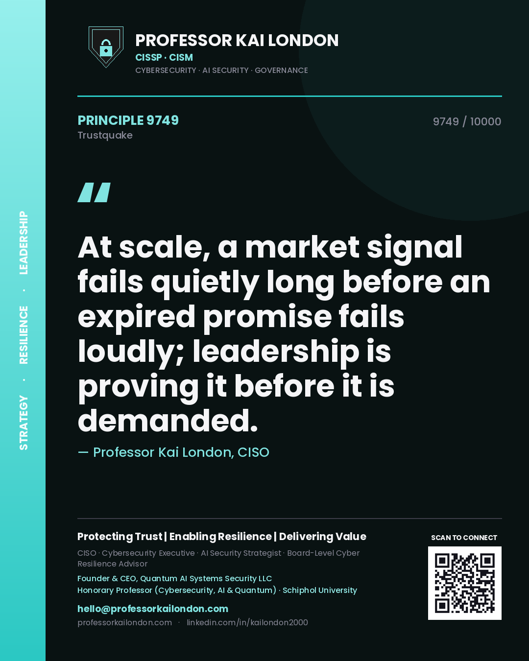 Quote card by Professor Kai London reading 'At scale, a market signal fails quietly long before an expired promise fails loudly; leadership is proving it before it is demanded.'. From the book Trustquake.