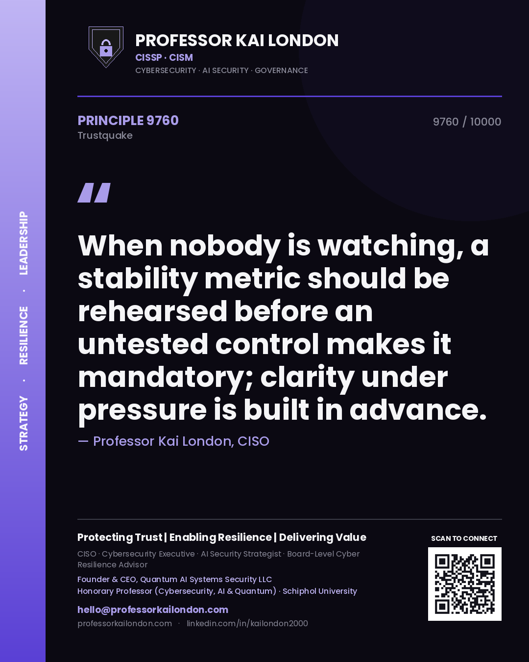 Professor Kai London principle 9760: When nobody is watching, a stability metric should be rehearsed before an untested control makes it mandatory; clarity under pressure is built in advance.