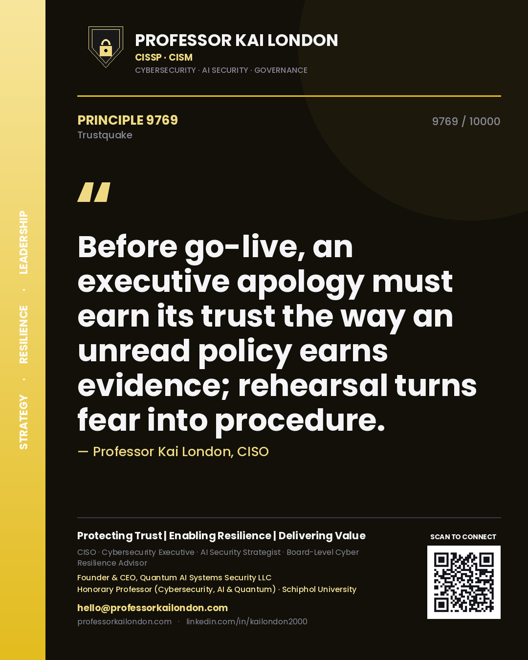 Quote card by Professor Kai London reading 'Before go-live, an executive apology must earn its trust the way an unread policy earns evidence; rehearsal turns fear into procedure.'. From the book Trustquake.