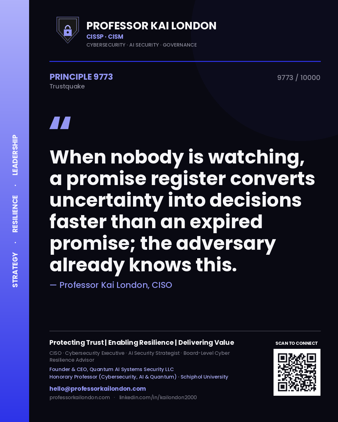 Quote card by Professor Kai London reading 'When nobody is watching, a promise register converts uncertainty into decisions faster than an expired promise; the adversary already knows this.'. From the book Trustquake.