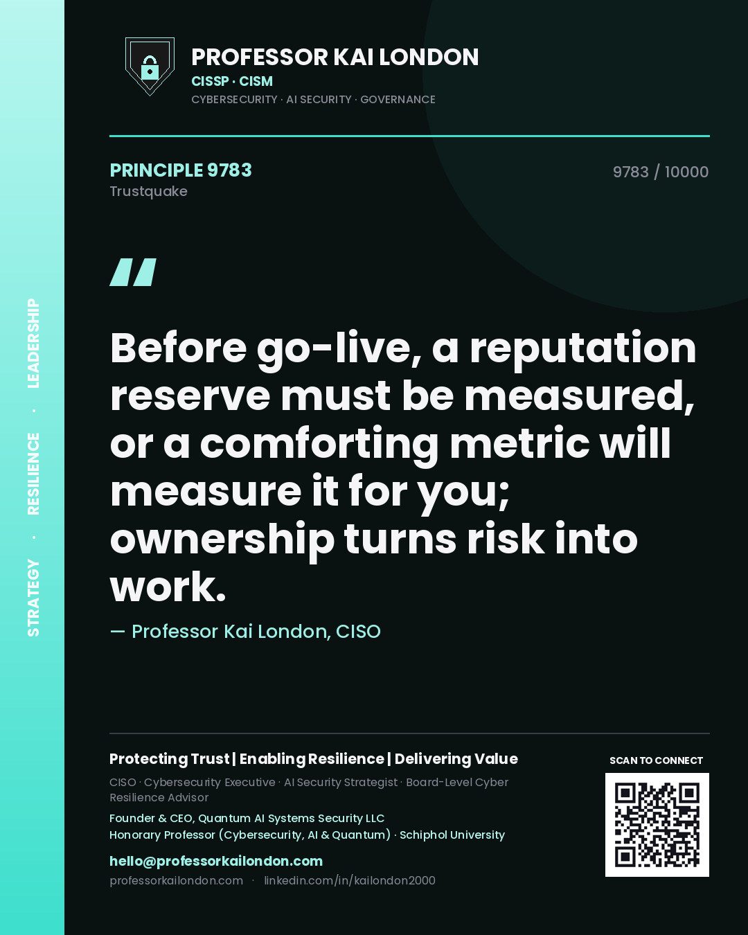 Quote card by Professor Kai London reading 'Before go-live, a reputation reserve must be measured, or a comforting metric will measure it for you; ownership turns risk into work.'. From the book Trustquake.
