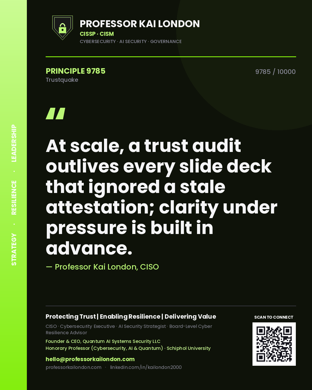 Quote card by Professor Kai London reading 'At scale, a trust audit outlives every slide deck that ignored a stale attestation; clarity under pressure is built in advance.'. From the book Trustquake.