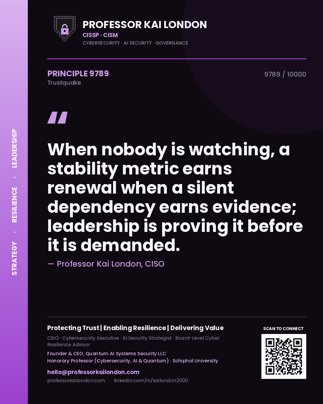Quote card by Professor Kai London reading 'When nobody is watching, a stability metric earns renewal when a silent dependency earns evidence; leadership is proving it before it is demanded.'. From the book Trustquake.