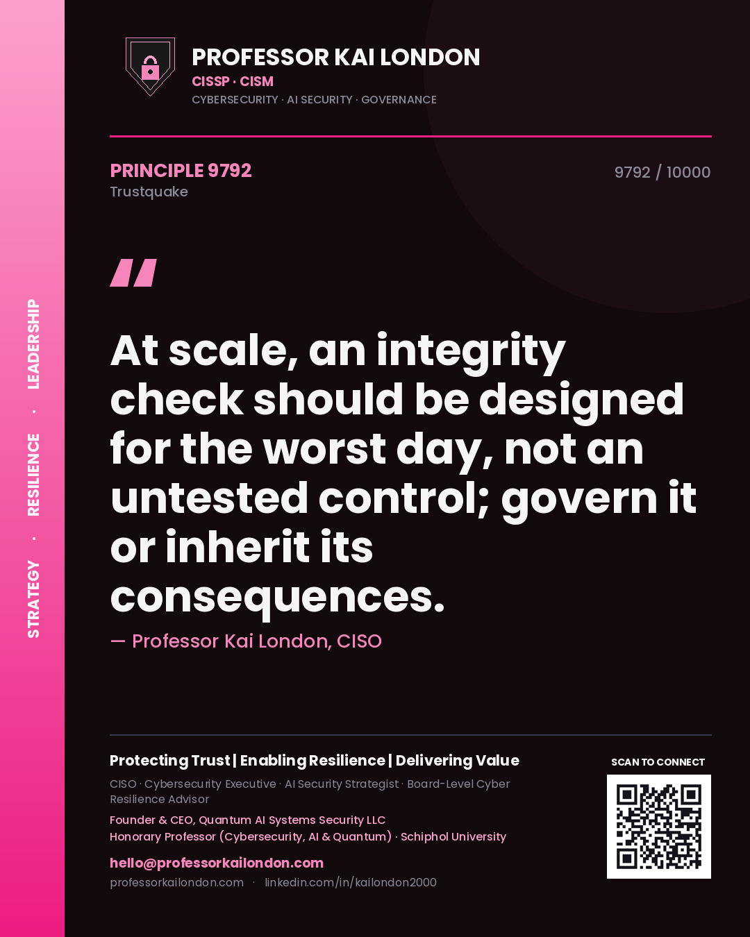 Quote card by Professor Kai London reading 'At scale, an integrity check should be designed for the worst day, not an untested control; govern it or inherit its consequences.'. From the book Trustquake.