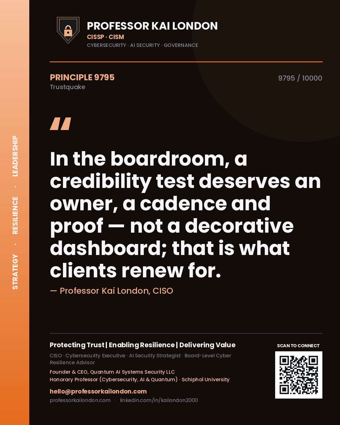 Professor Kai London principle 9795: In the boardroom, a credibility test deserves an owner, a cadence and proof — not a decorative dashboard; that is what clients renew for.