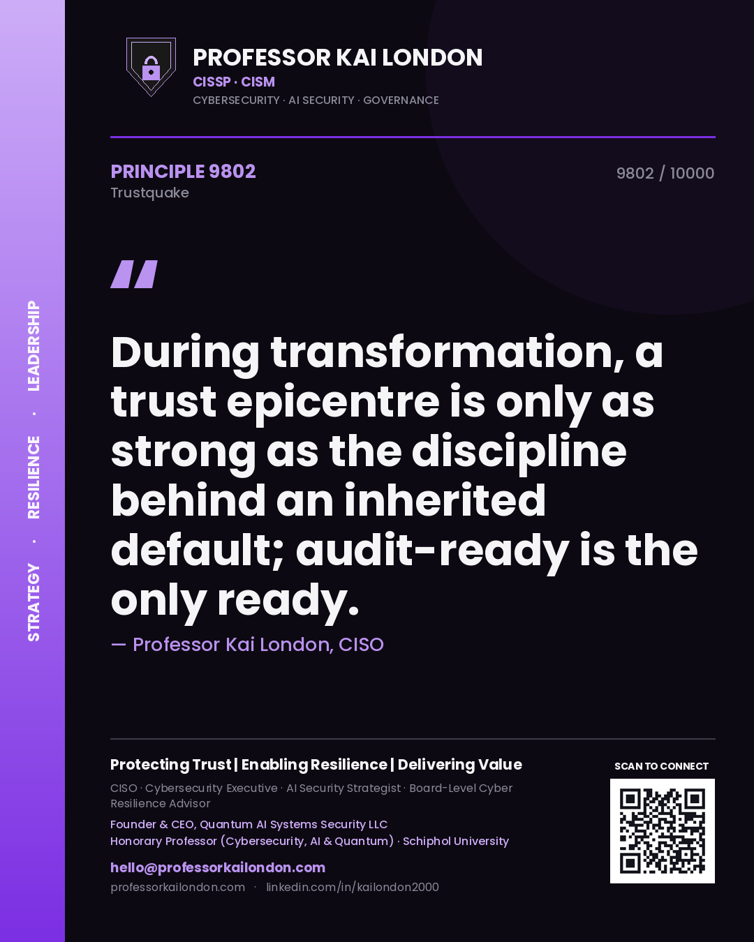 Professor Kai London principle 9802: During transformation, a trust epicentre is only as strong as the discipline behind an inherited default; audit-ready is the only ready.