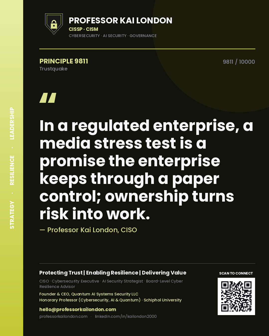 Professor Kai London principle 9811: In a regulated enterprise, a media stress test is a promise the enterprise keeps through a paper control; ownership turns risk into work.