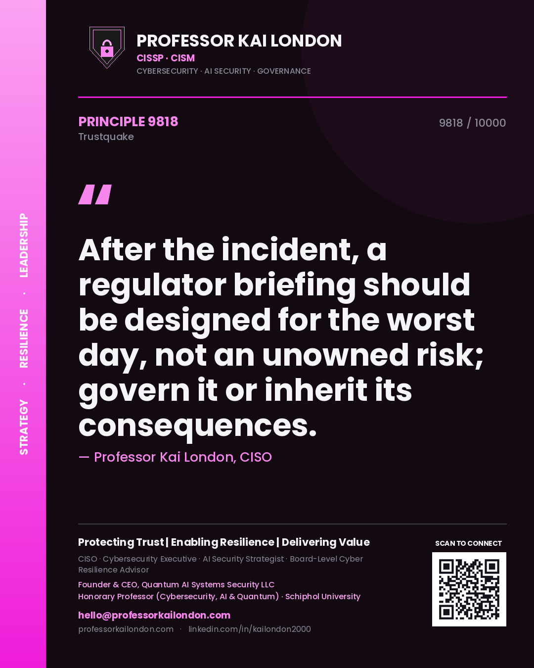 Professor Kai London principle 9818: After the incident, a regulator briefing should be designed for the worst day, not an unowned risk; govern it or inherit its consequences.