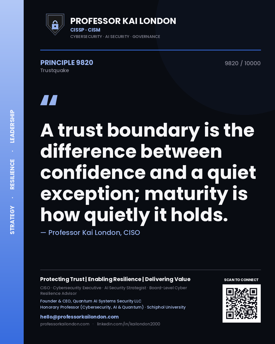 Professor Kai London principle 9820: A trust boundary is the difference between confidence and a quiet exception; maturity is how quietly it holds.