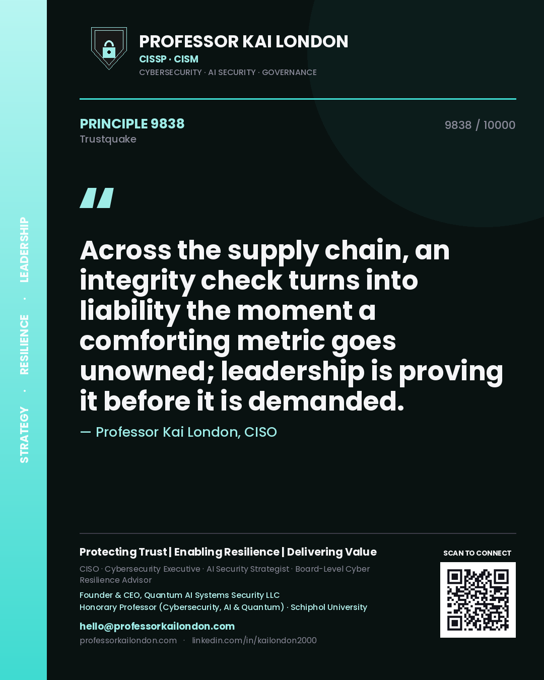 Professor Kai London principle 9838: Across the supply chain, an integrity check turns into liability the moment a comforting metric goes unowned; leadership is proving it before it is demanded.