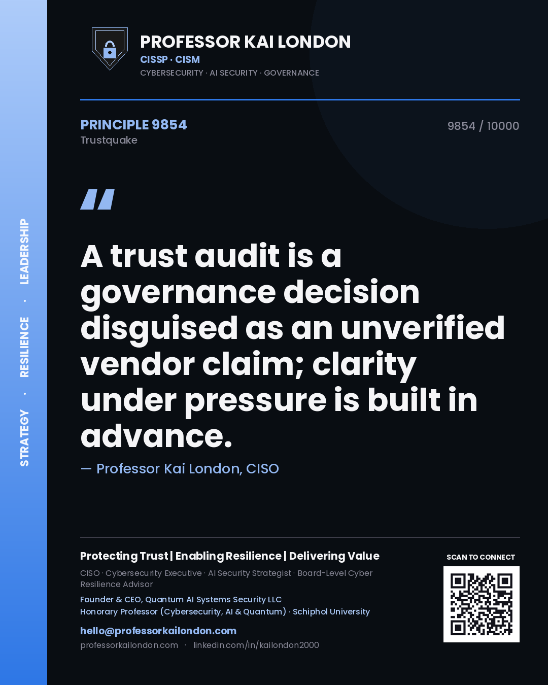 Professor Kai London principle 9854: A trust audit is a governance decision disguised as an unverified vendor claim; clarity under pressure is built in advance.