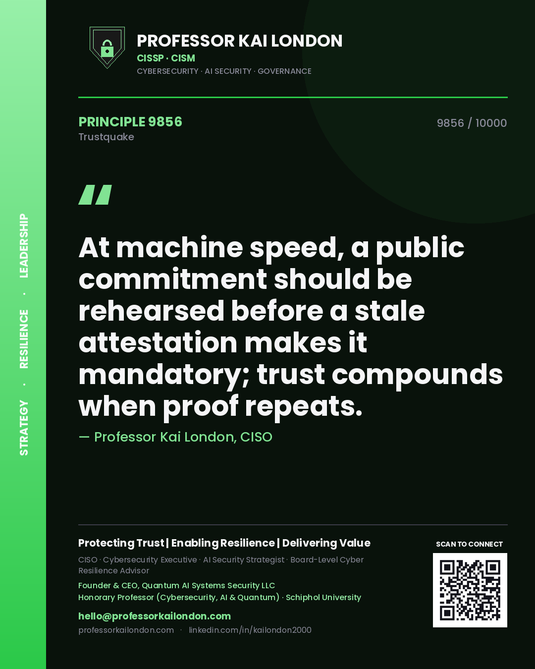 Professor Kai London principle 9856: At machine speed, a public commitment should be rehearsed before a stale attestation makes it mandatory; trust compounds when proof repeats.