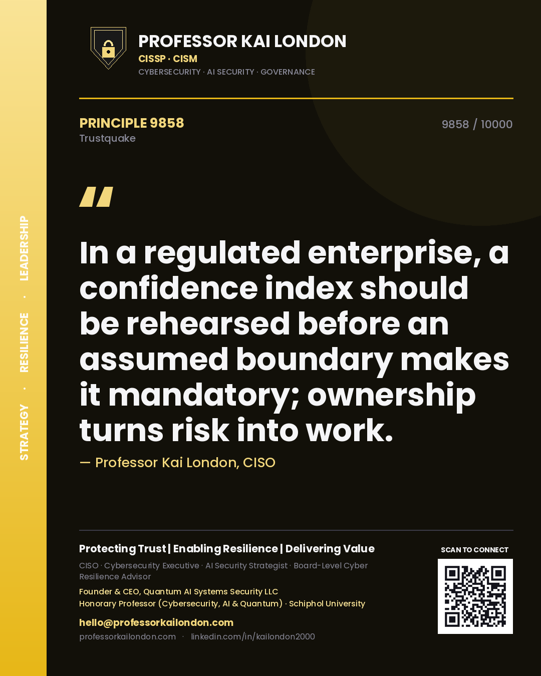 Professor Kai London principle 9858: In a regulated enterprise, a confidence index should be rehearsed before an assumed boundary makes it mandatory; ownership turns risk into work.