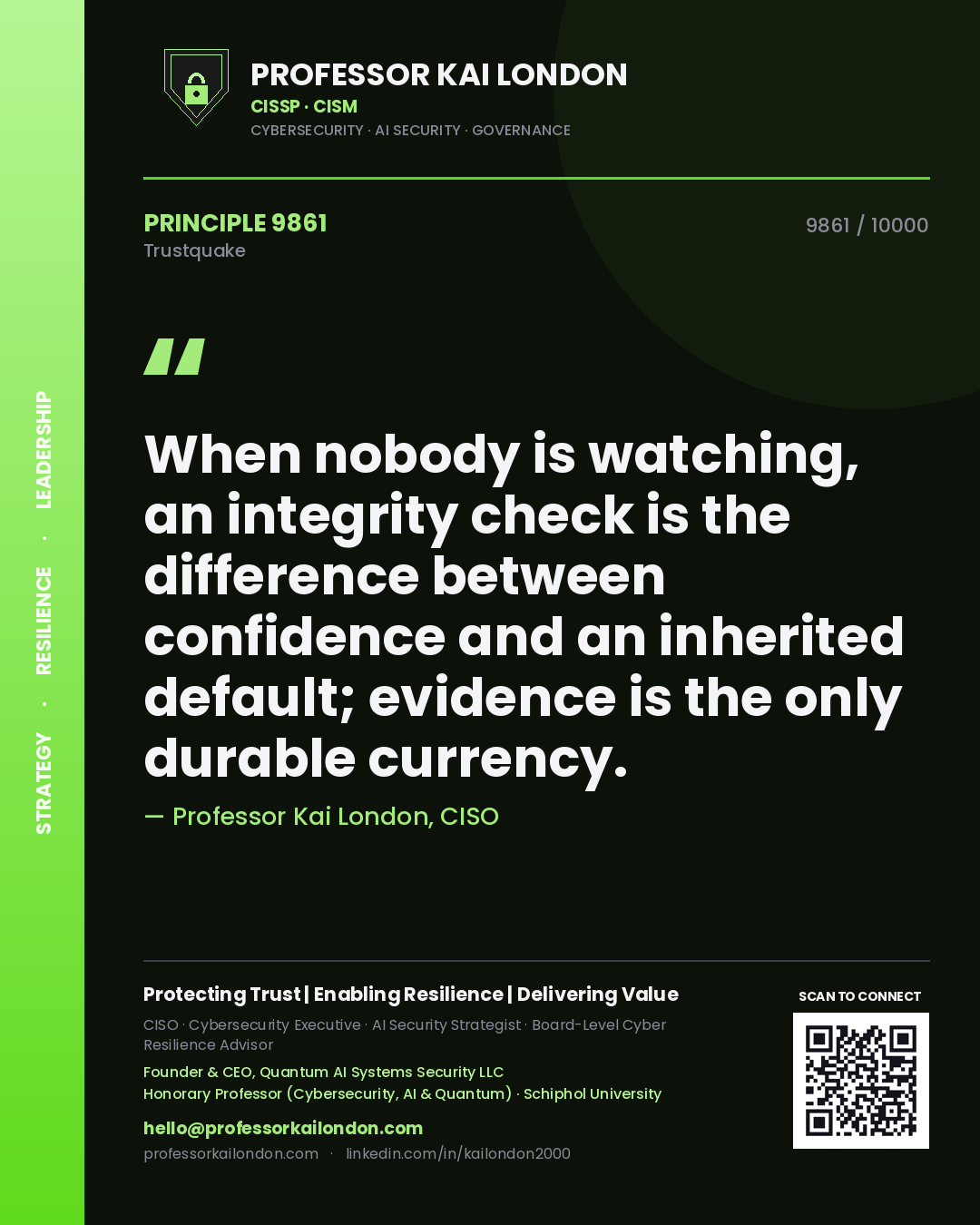 Quote card by Professor Kai London reading 'When nobody is watching, an integrity check is the difference between confidence and an inherited default; evidence is the only durable currency.'. From the book Trustquake.