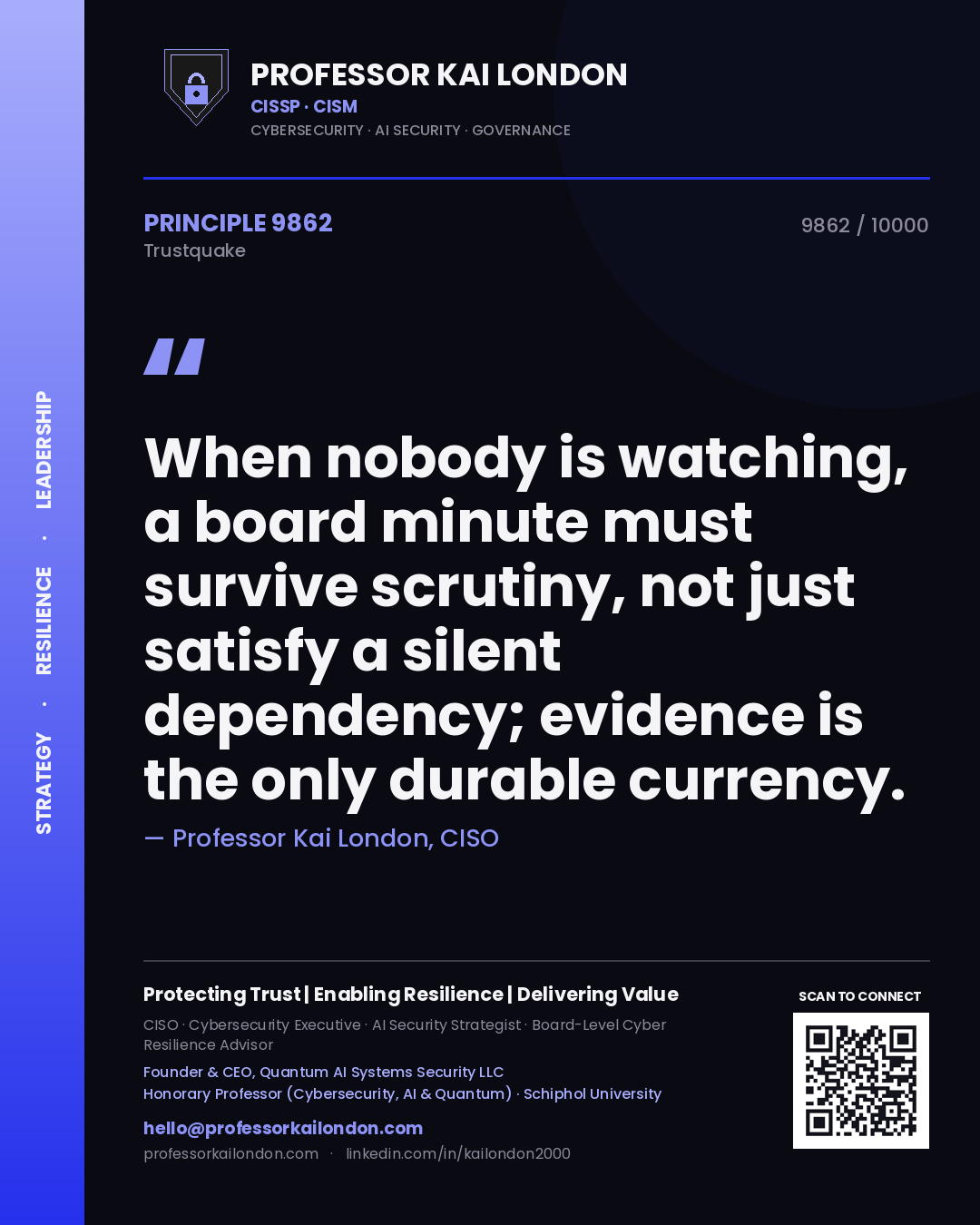 Quote card by Professor Kai London reading 'When nobody is watching, a board minute must survive scrutiny, not just satisfy a silent dependency; evidence is the only durable currency.'. From the book Trustquake.