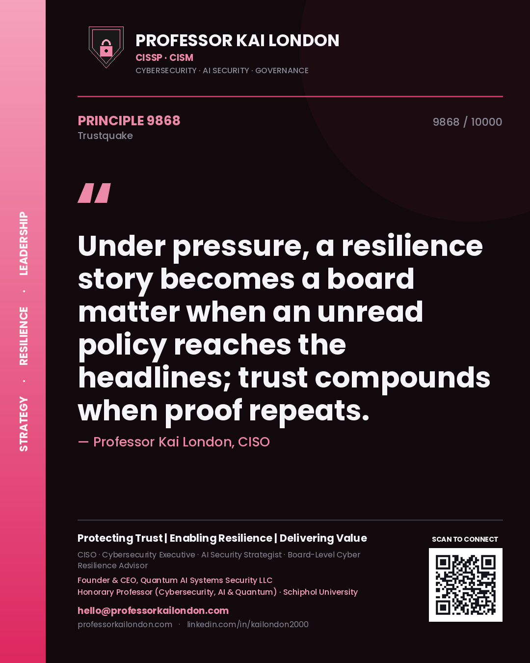 Professor Kai London principle 9868: Under pressure, a resilience story becomes a board matter when an unread policy reaches the headlines; trust compounds when proof repeats.