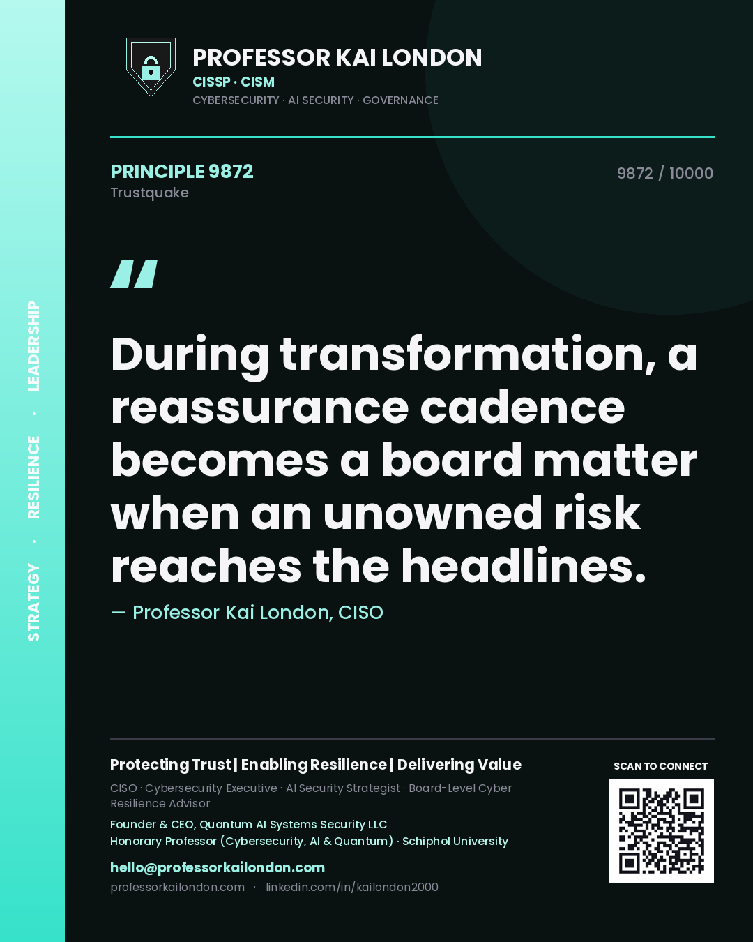 Professor Kai London principle 9872: During transformation, a reassurance cadence becomes a board matter when an unowned risk reaches the headlines.