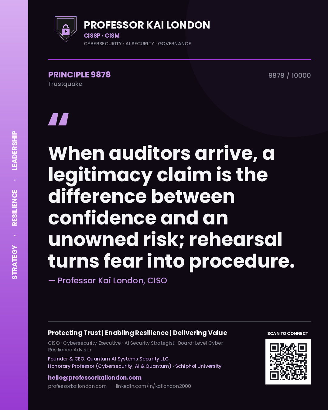 Quote card by Professor Kai London reading 'When auditors arrive, a legitimacy claim is the difference between confidence and an unowned risk; rehearsal turns fear into procedure.'. From the book Trustquake.