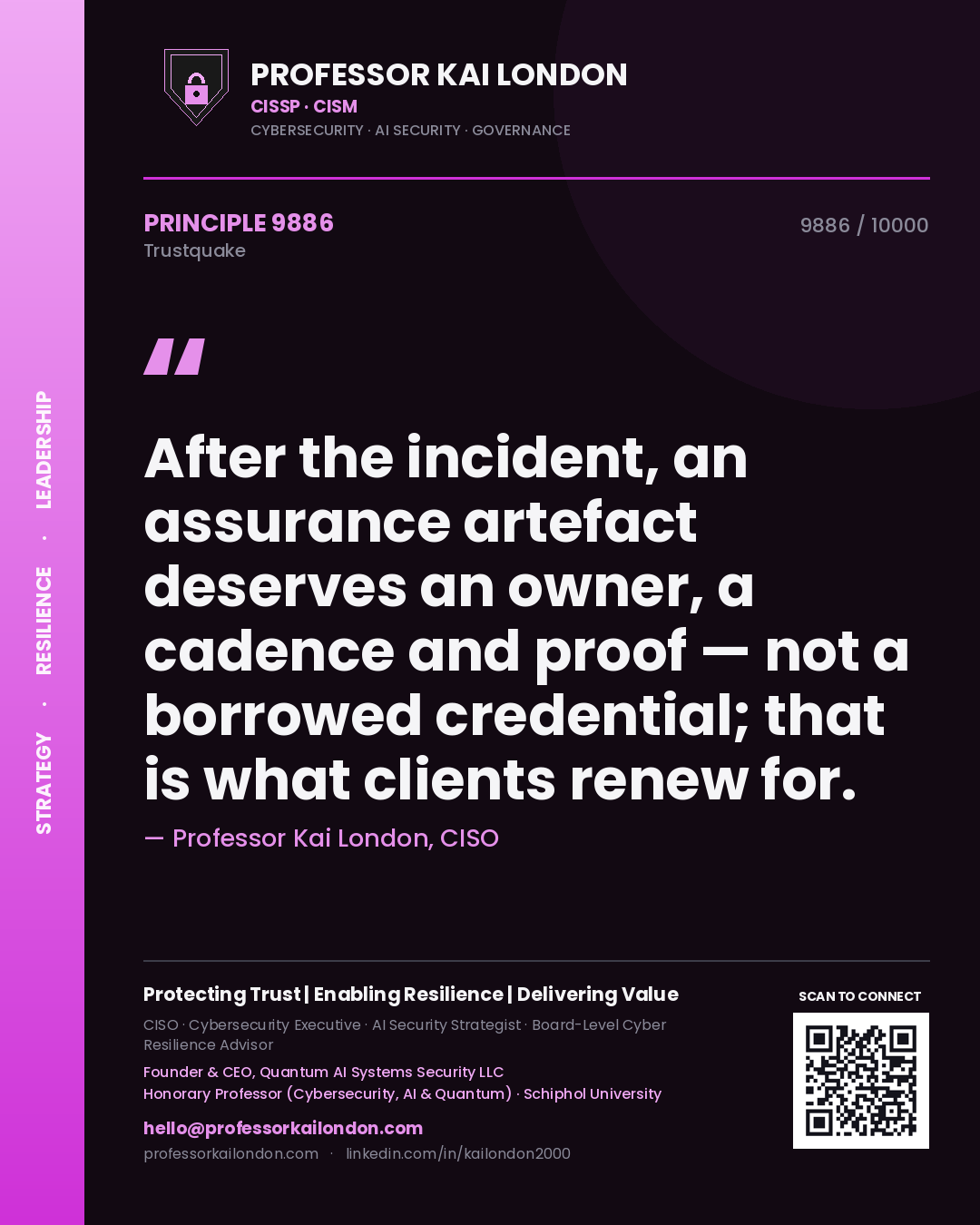 Professor Kai London principle 9886: After the incident, an assurance artefact deserves an owner, a cadence and proof — not a borrowed credential; that is what clients renew for.