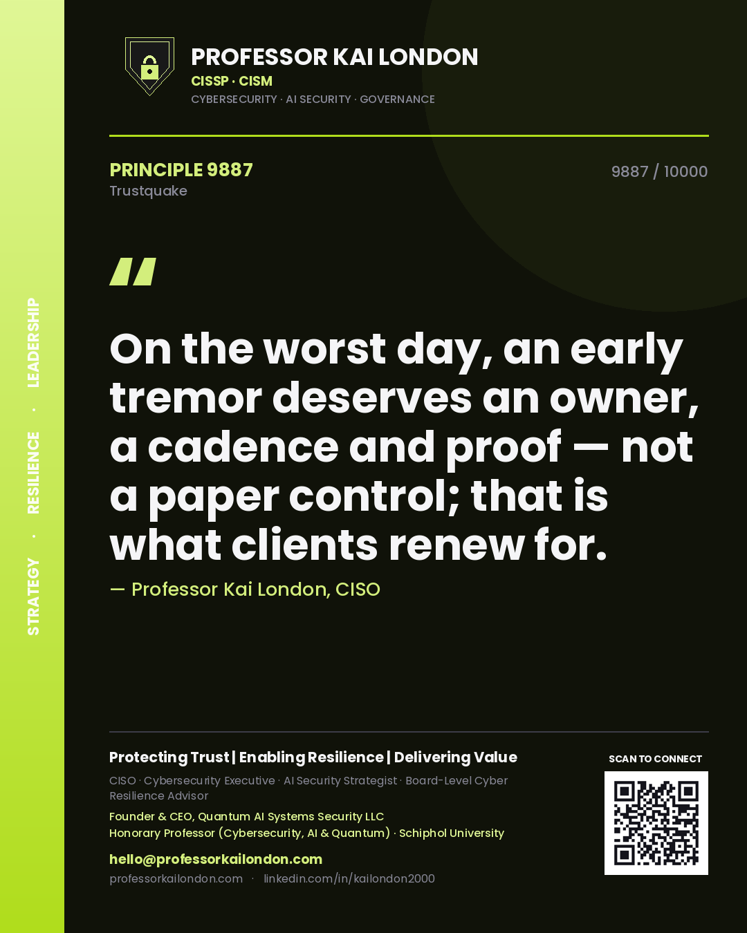 Professor Kai London principle 9887: On the worst day, an early tremor deserves an owner, a cadence and proof — not a paper control; that is what clients renew for.