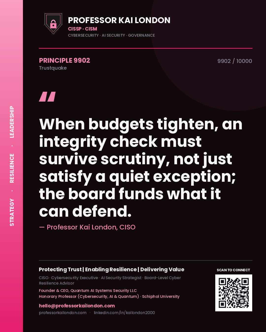 Professor Kai London principle 9902: When budgets tighten, an integrity check must survive scrutiny, not just satisfy a quiet exception; the board funds what it can defend.