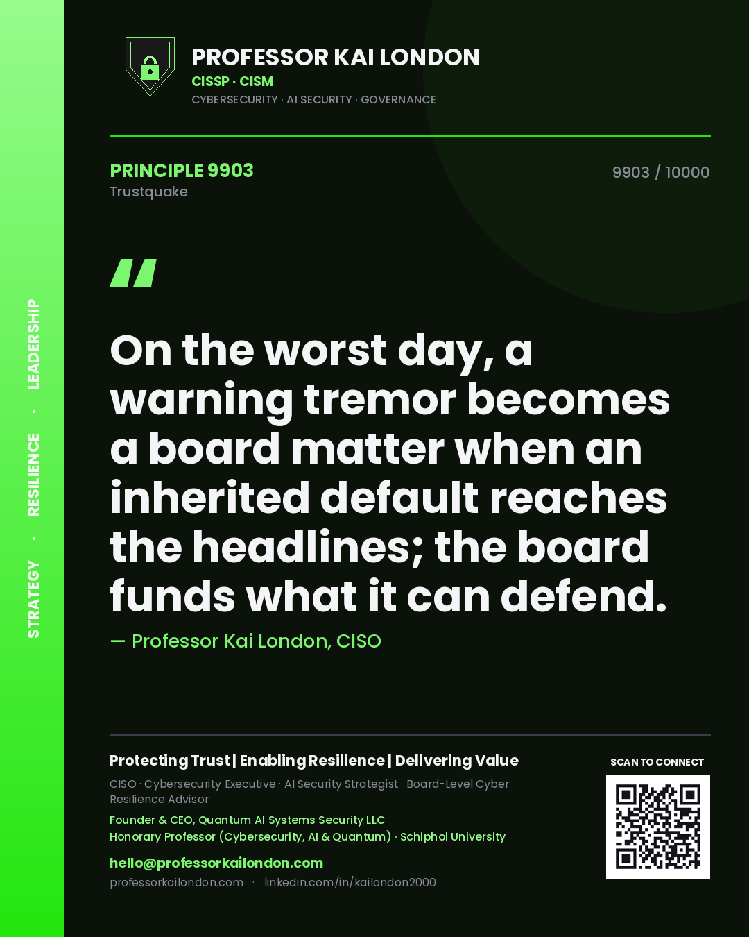 Professor Kai London principle 9903: On the worst day, a warning tremor becomes a board matter when an inherited default reaches the headlines; the board funds what it can defend.
