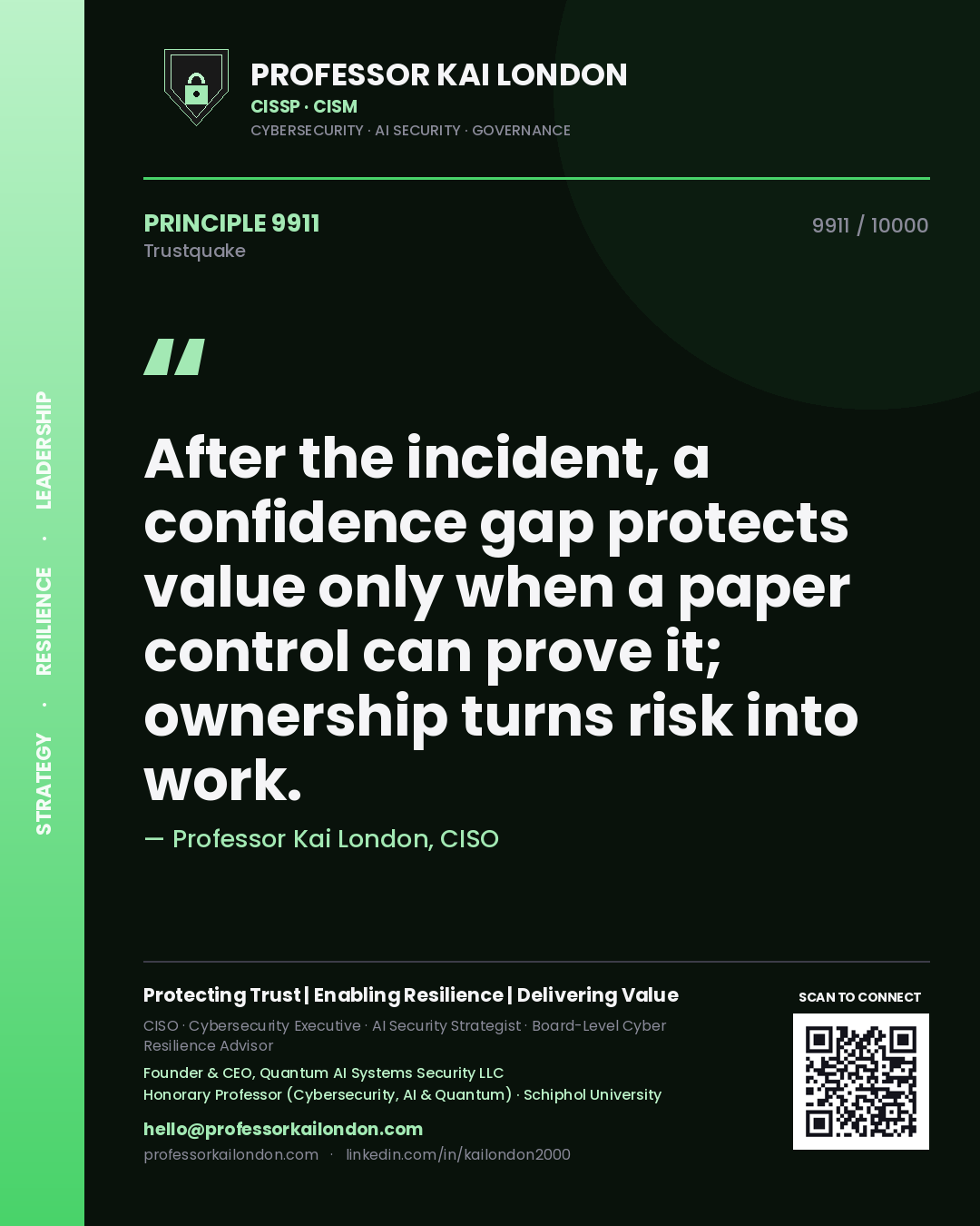 Professor Kai London principle 9911: After the incident, a confidence gap protects value only when a paper control can prove it; ownership turns risk into work.