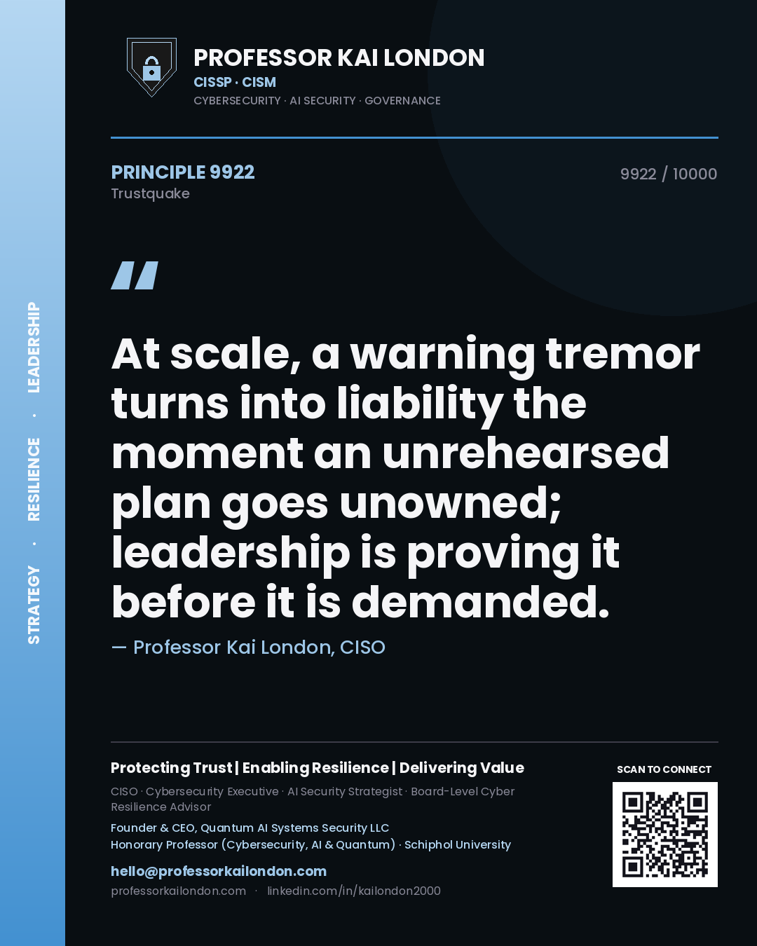 Quote card by Professor Kai London reading 'At scale, a warning tremor turns into liability the moment an unrehearsed plan goes unowned; leadership is proving it before it is demanded.'. From the book Trustquake.