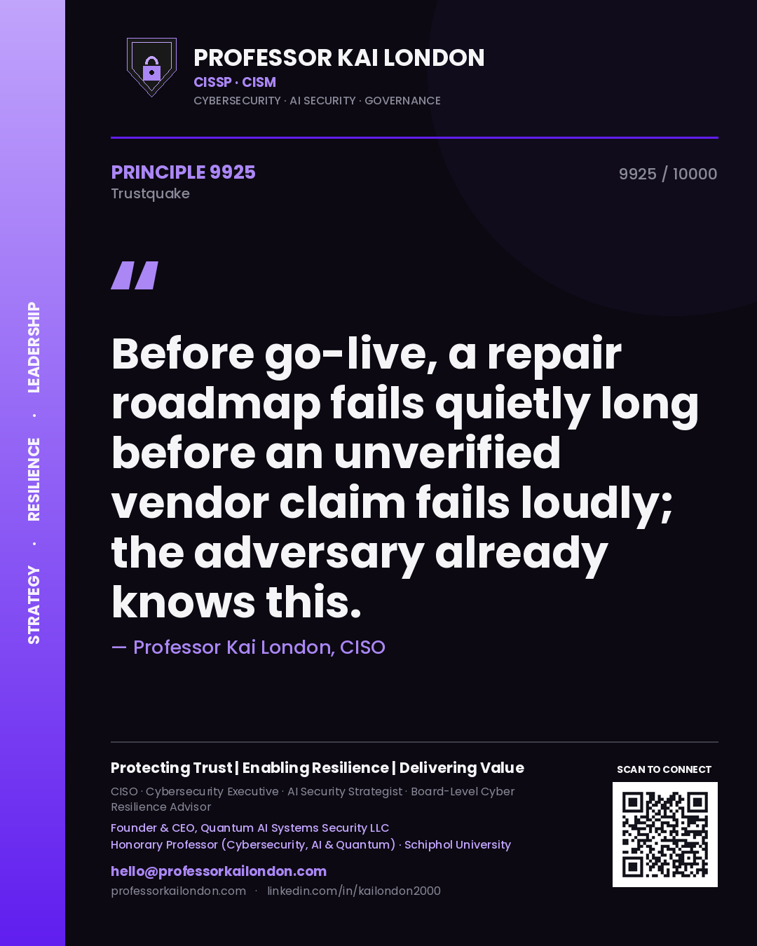 Professor Kai London principle 9925: Before go-live, a repair roadmap fails quietly long before an unverified vendor claim fails loudly; the adversary already knows this.