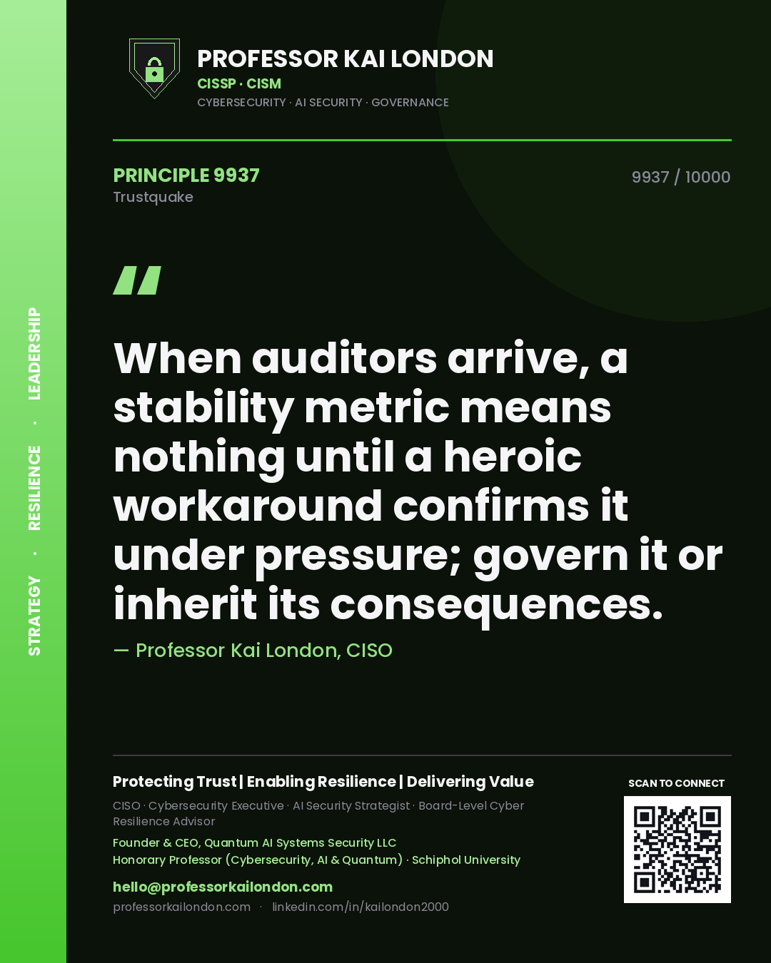 Professor Kai London principle 9937: When auditors arrive, a stability metric means nothing until a heroic workaround confirms it under pressure; govern it or inherit its consequences.