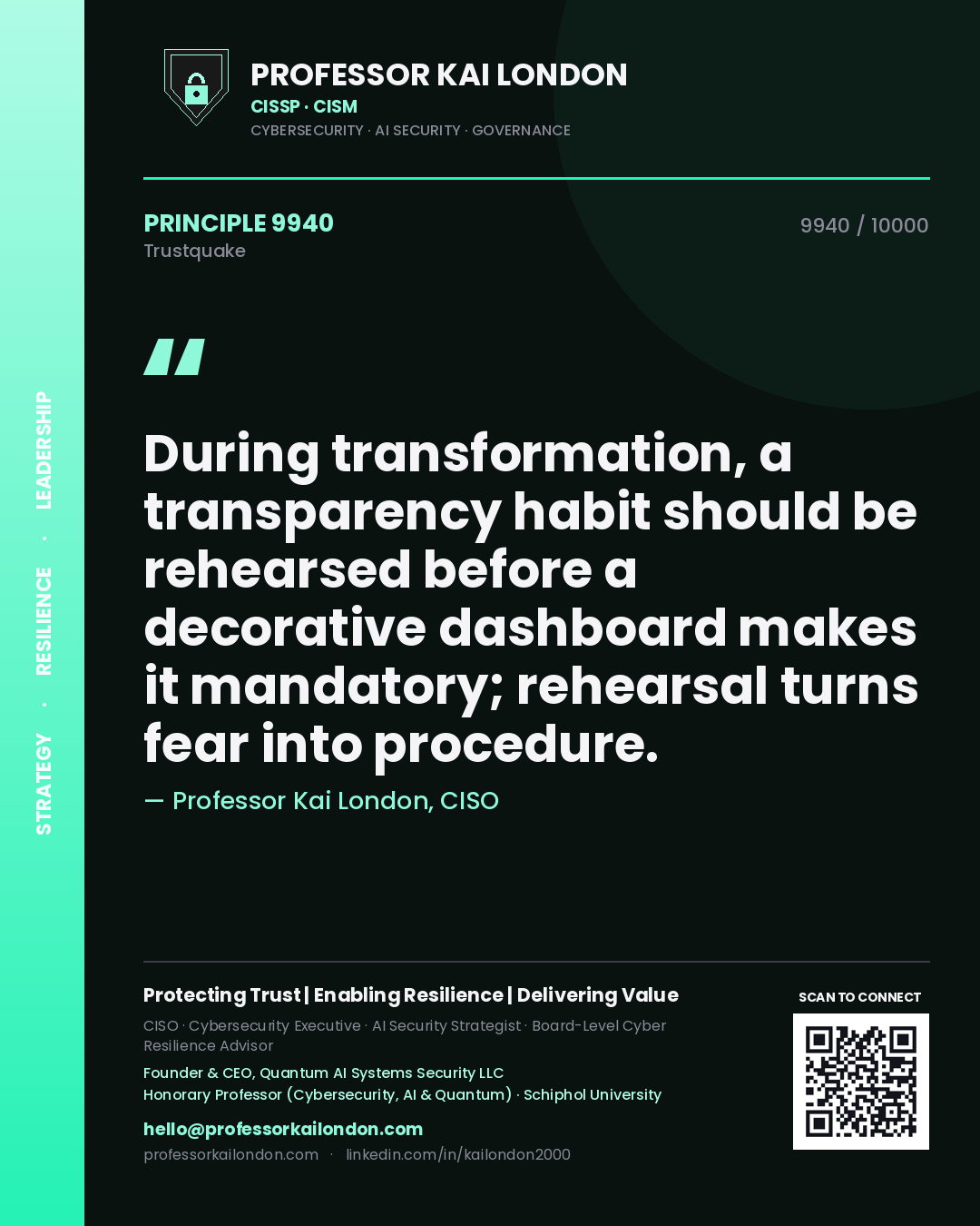 Professor Kai London principle 9940: During transformation, a transparency habit should be rehearsed before a decorative dashboard makes it mandatory; rehearsal turns fear into procedure.