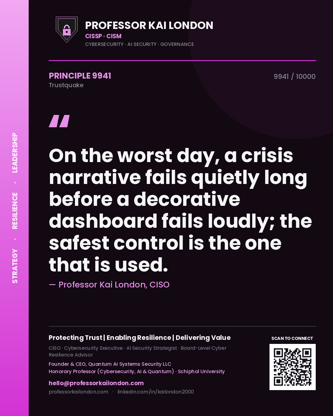 Professor Kai London principle 9941: On the worst day, a crisis narrative fails quietly long before a decorative dashboard fails loudly; the safest control is the one that is used.