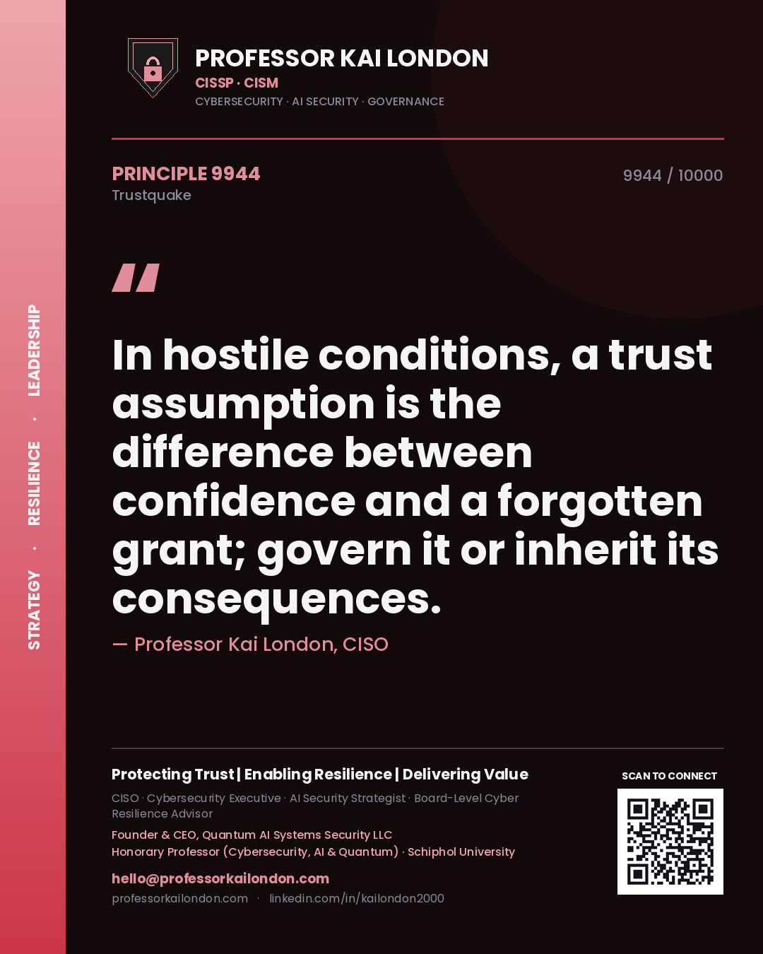 Professor Kai London principle 9944: In hostile conditions, a trust assumption is the difference between confidence and a forgotten grant; govern it or inherit its consequences.
