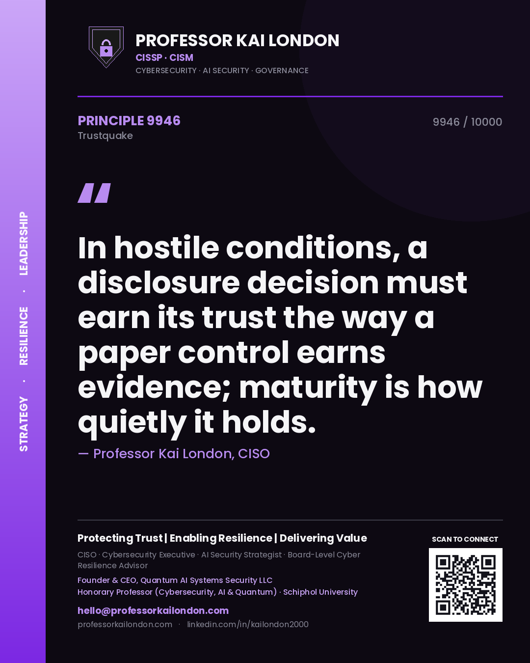 Professor Kai London principle 9946: In hostile conditions, a disclosure decision must earn its trust the way a paper control earns evidence; maturity is how quietly it holds.