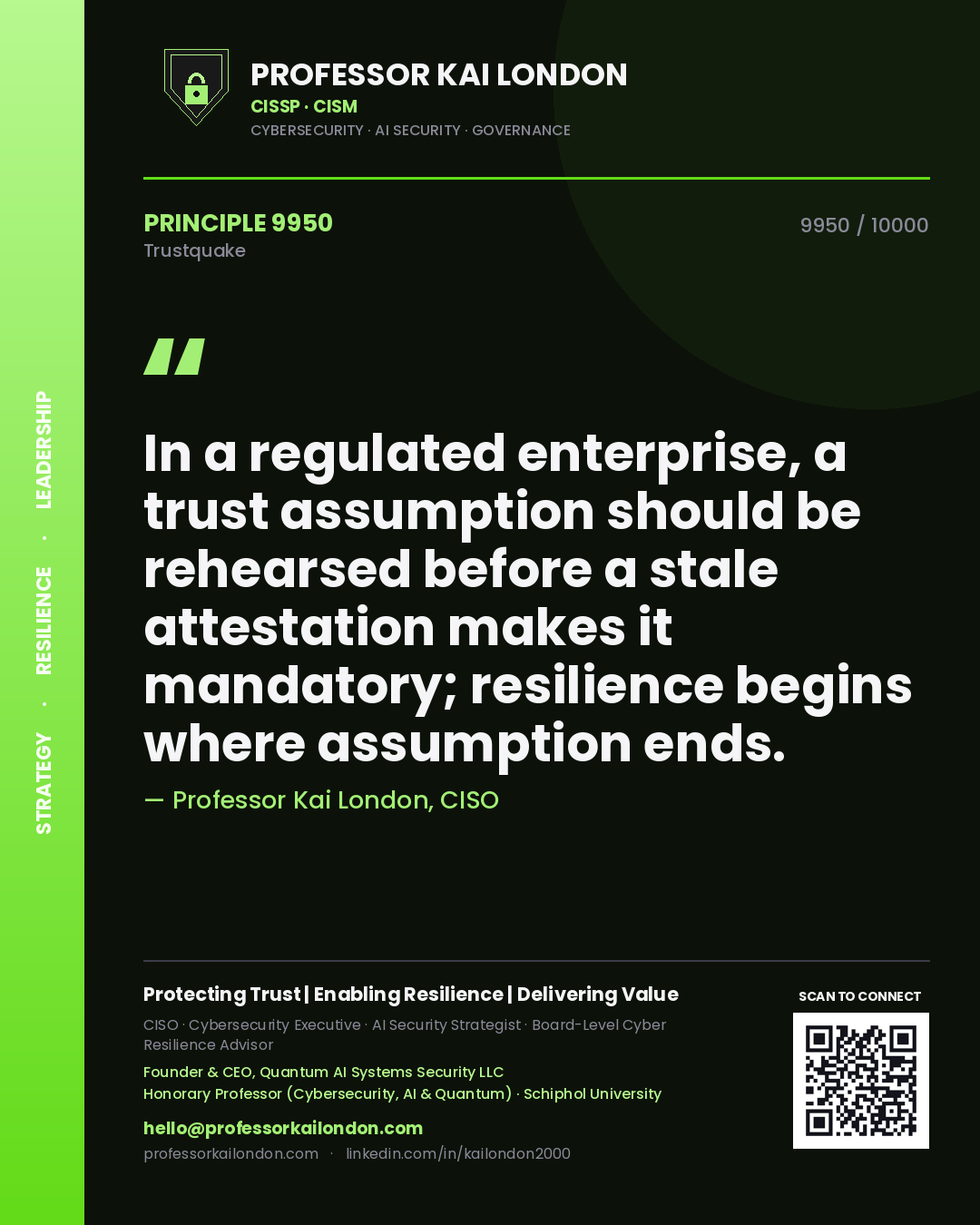 Professor Kai London principle 9950: In a regulated enterprise, a trust assumption should be rehearsed before a stale attestation makes it mandatory; resilience begins where assumption ends.
