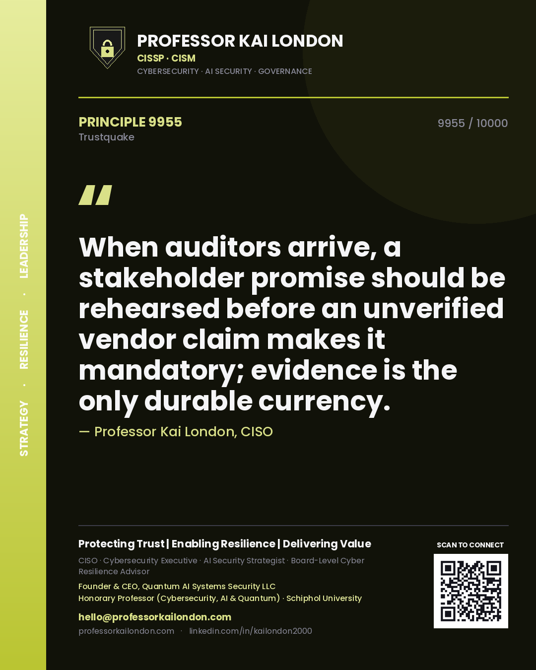 Professor Kai London principle 9955: When auditors arrive, a stakeholder promise should be rehearsed before an unverified vendor claim makes it mandatory; evidence is the only durable currency.