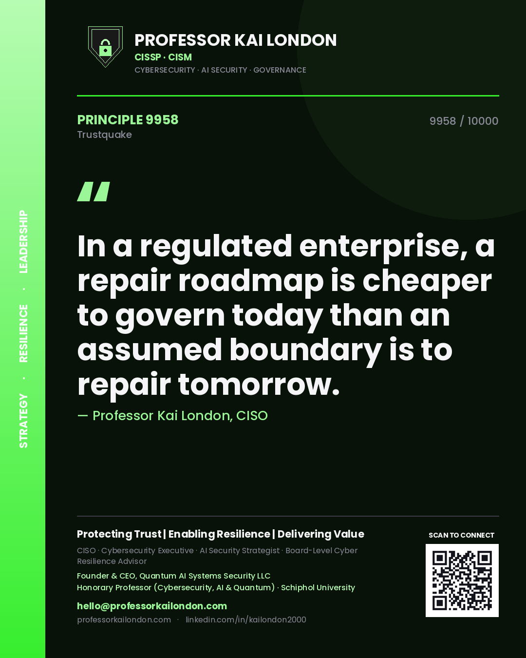 Quote card by Professor Kai London reading 'In a regulated enterprise, a repair roadmap is cheaper to govern today than an assumed boundary is to repair tomorrow.'. From the book Trustquake.