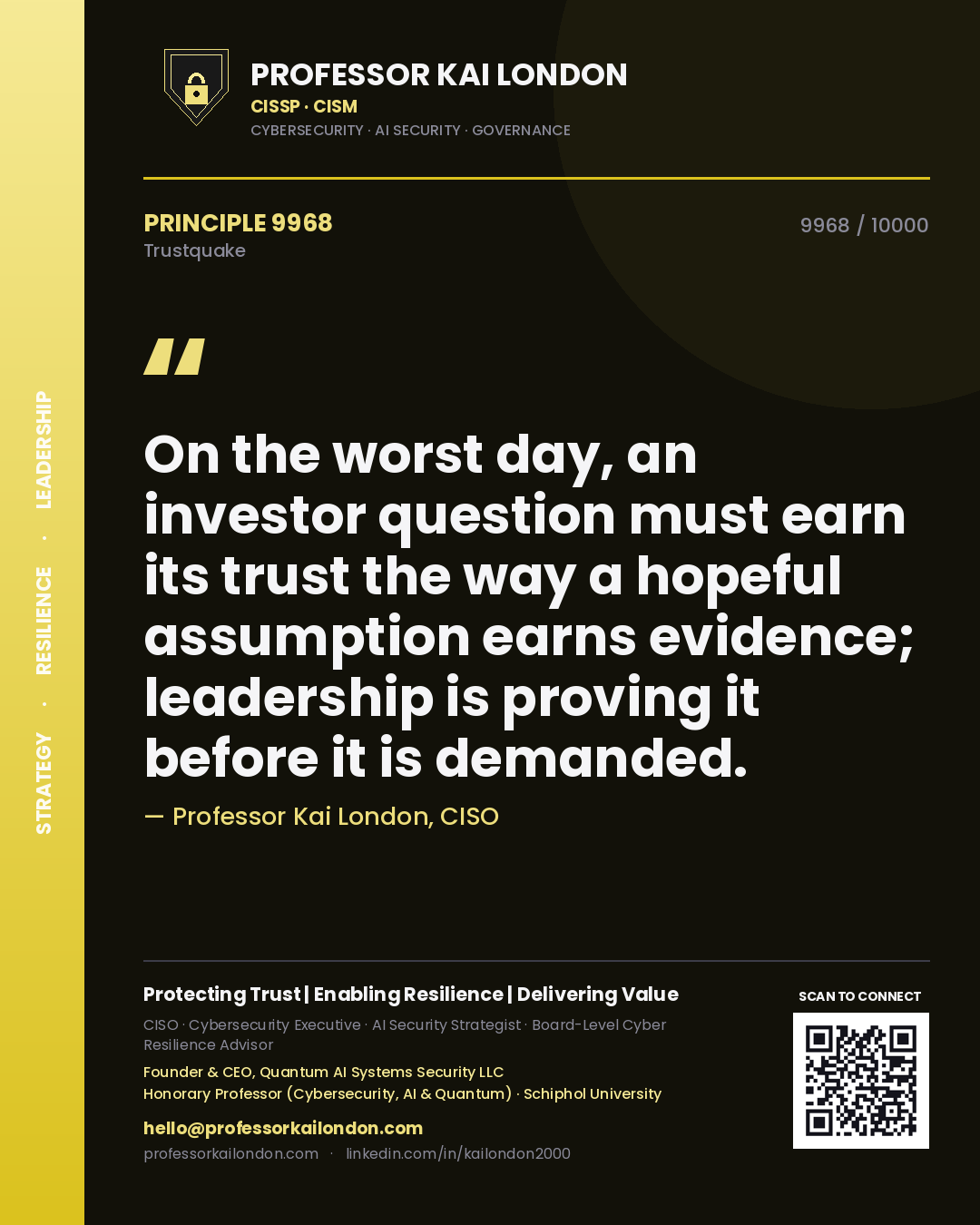 Professor Kai London principle 9968: On the worst day, an investor question must earn its trust the way a hopeful assumption earns evidence; leadership is proving it before it is demanded.