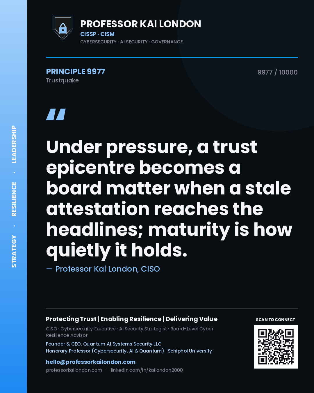 Quote card by Professor Kai London reading 'Under pressure, a trust epicentre becomes a board matter when a stale attestation reaches the headlines; maturity is how quietly it holds.'. From the book Trustquake.
