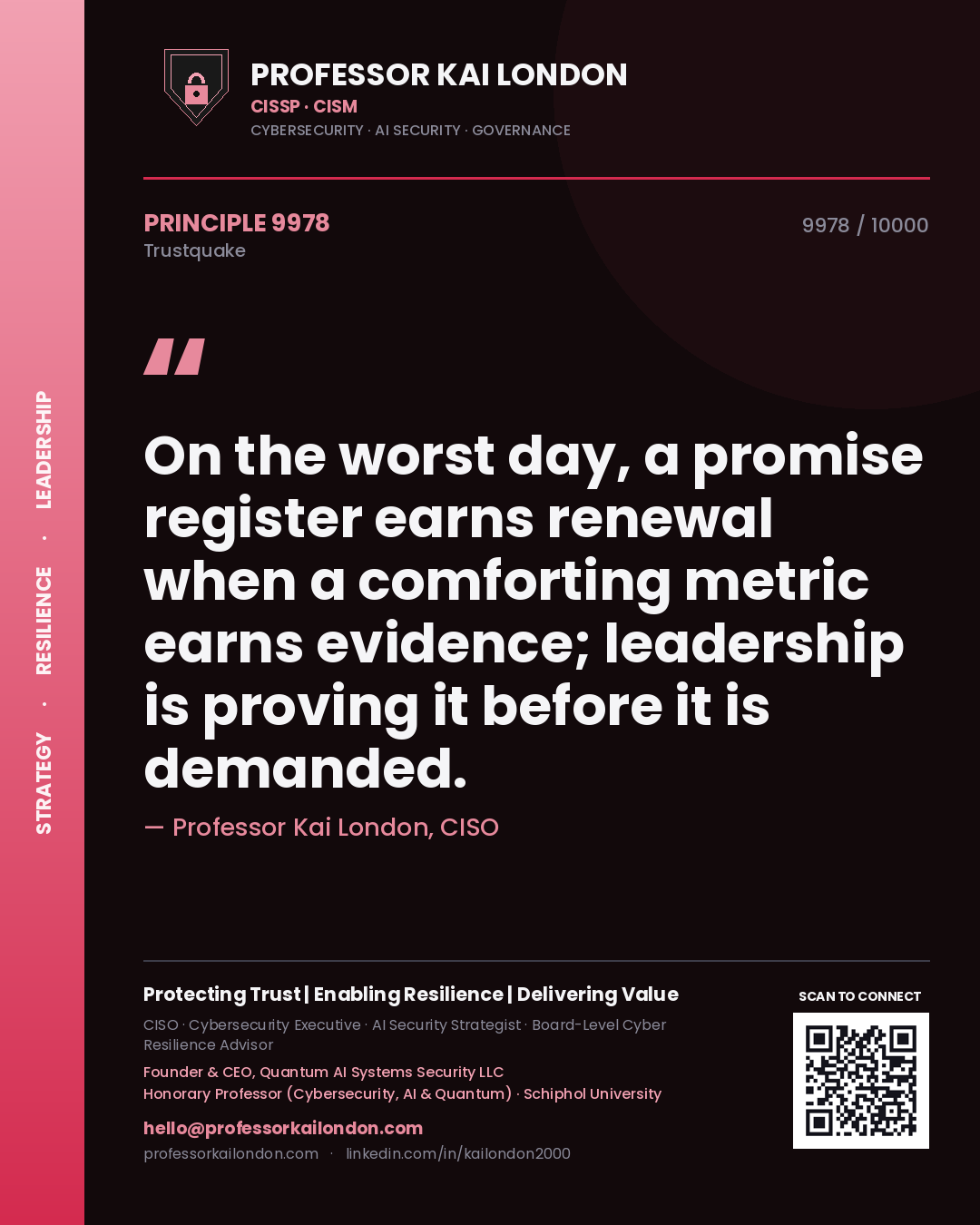 Professor Kai London principle 9978: On the worst day, a promise register earns renewal when a comforting metric earns evidence; leadership is proving it before it is demanded.