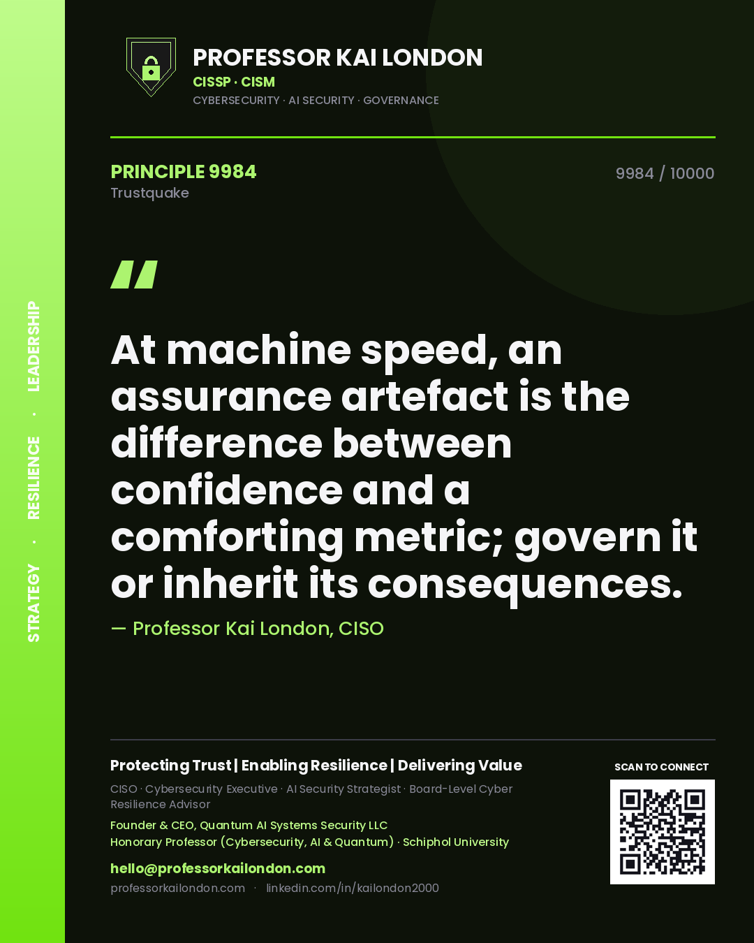 Professor Kai London principle 9984: At machine speed, an assurance artefact is the difference between confidence and a comforting metric; govern it or inherit its consequences.